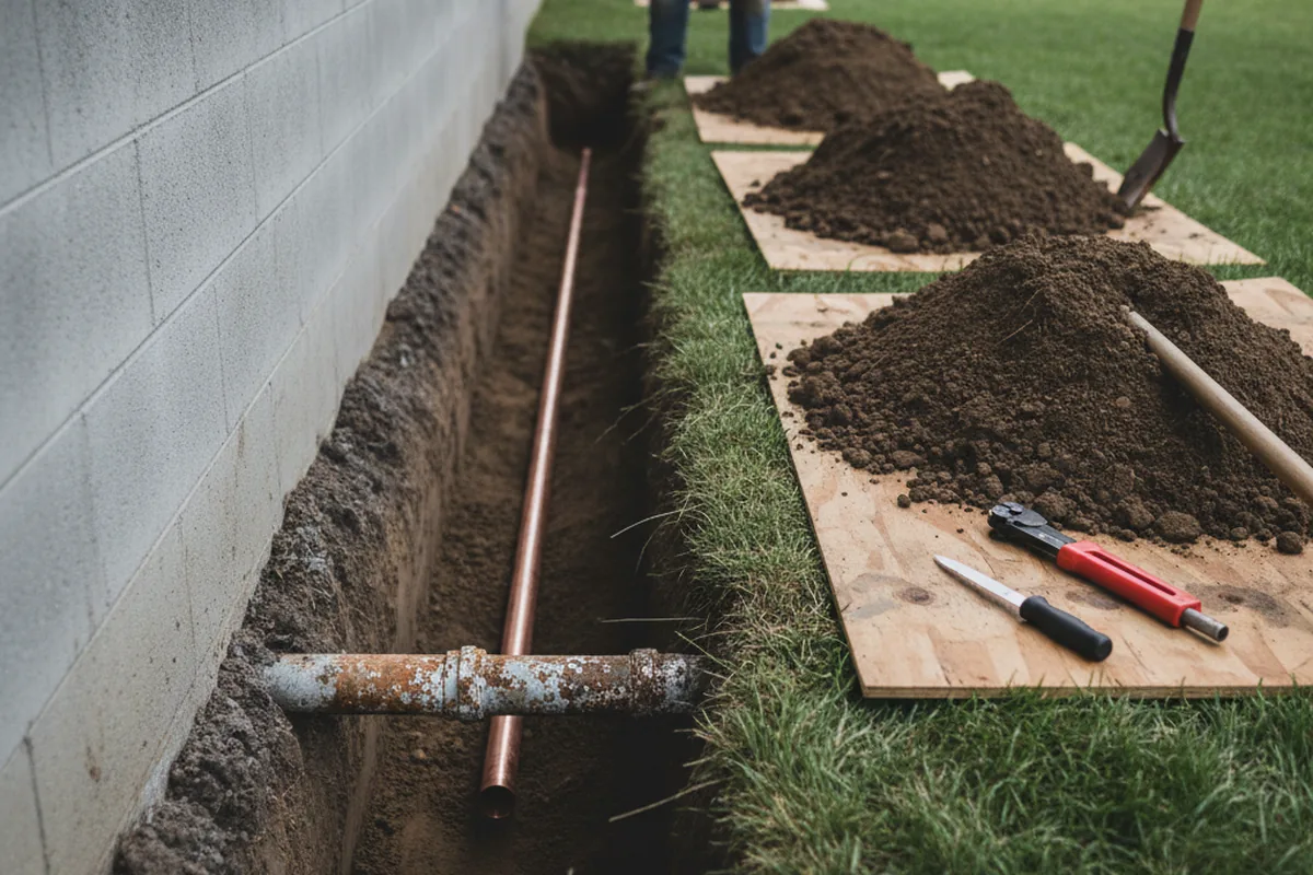Excavated water line trench during Water Softener Installation in Cantonment